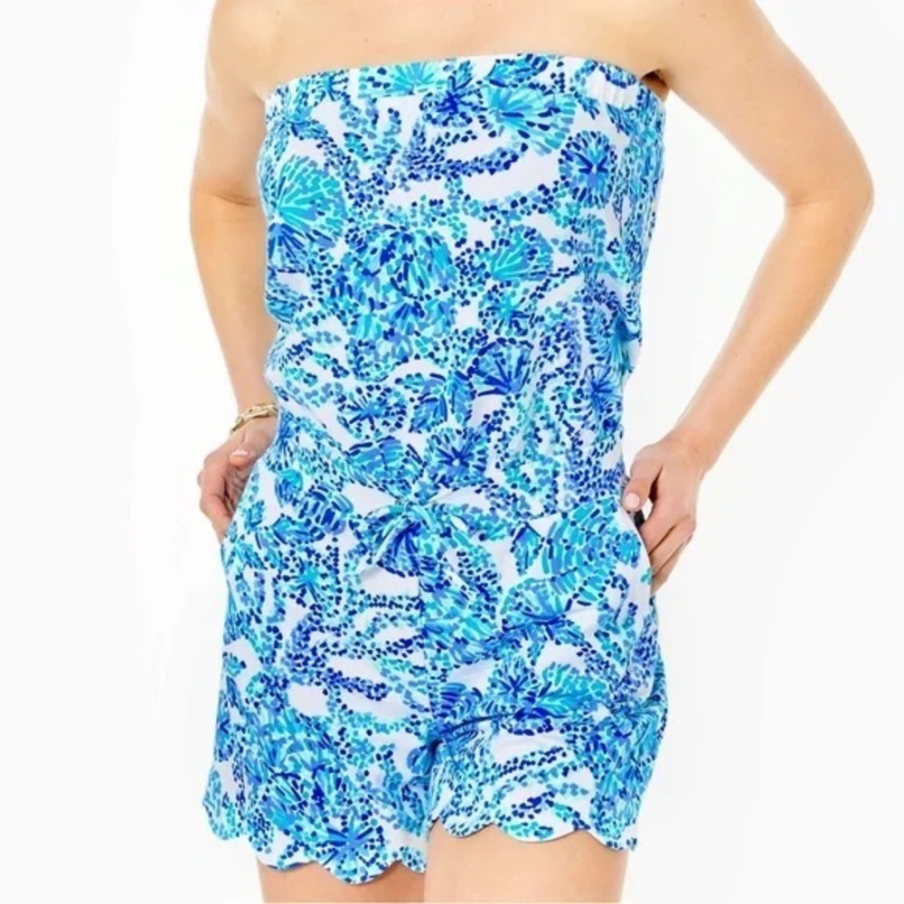 Lilly Pulitzer Turquoise Oasis Shell Me You Love Me strapless Romper Sz XXS